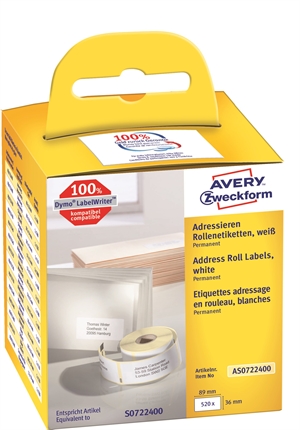 Etichete de adresă Avery pe rolă 89 x 36 mm, 2 x 260 buc.